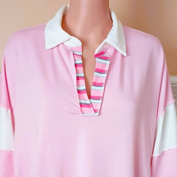Lovely Melody Long Sleeve Top XL Pink & Stripe Collared Exposed Seam Blouse - Picture 2 of 8